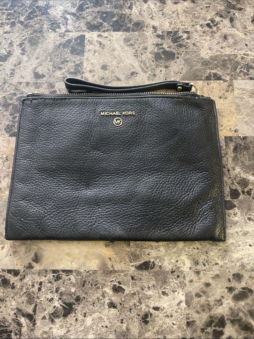 Michael Kors Black Pebbled Leather Wristlet with Gold MK Accent